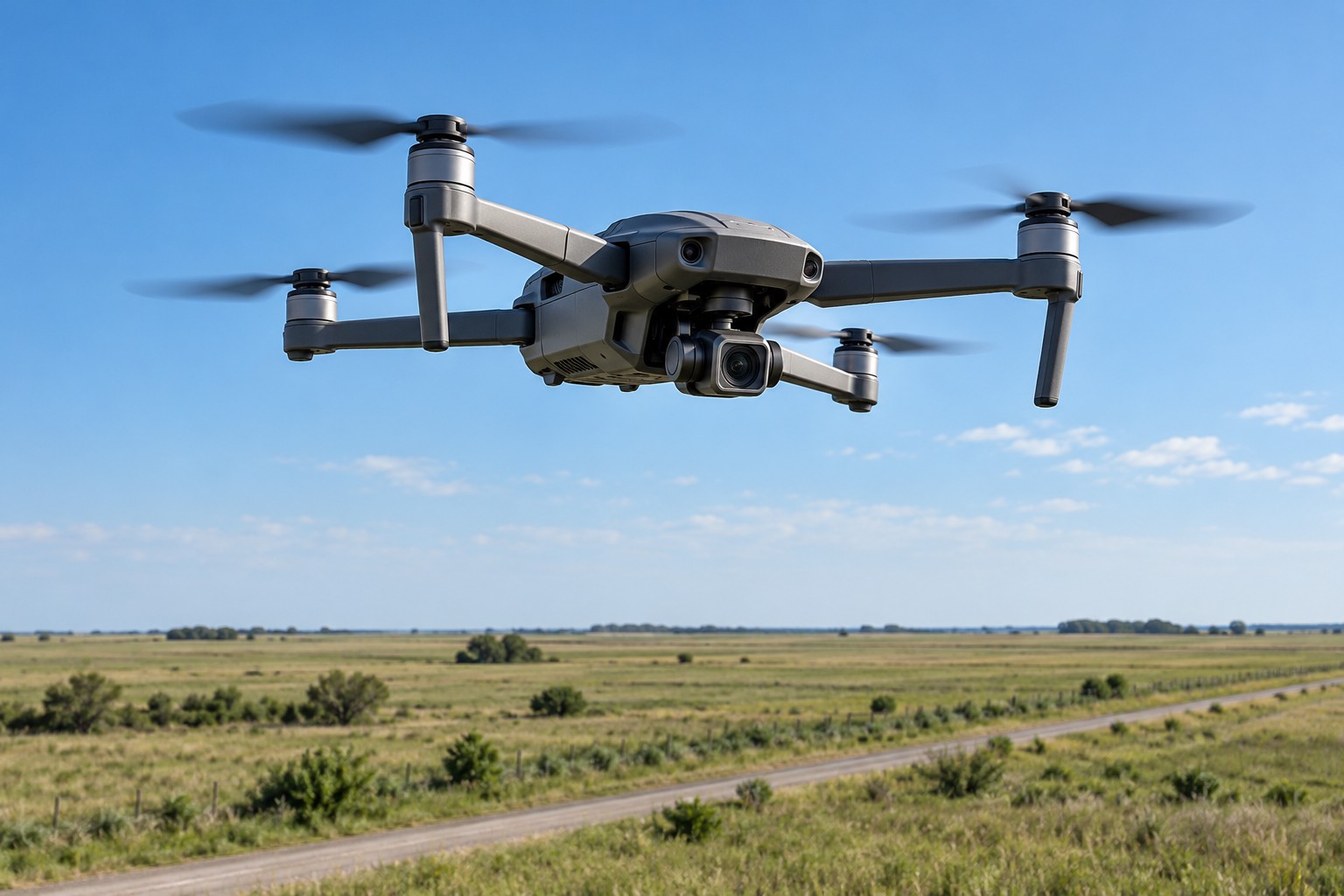 Dron con cámara en vuelo sobre un terreno abierto